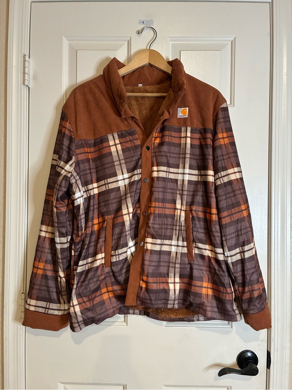 Carhartt Brown and Orange Plaid Sherpa-Lined Field Jacket